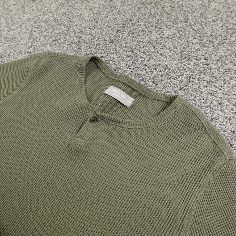 Everlane Shirt Mens L Green Organic Cotton Waffle Thermal Henley Long Sleeve